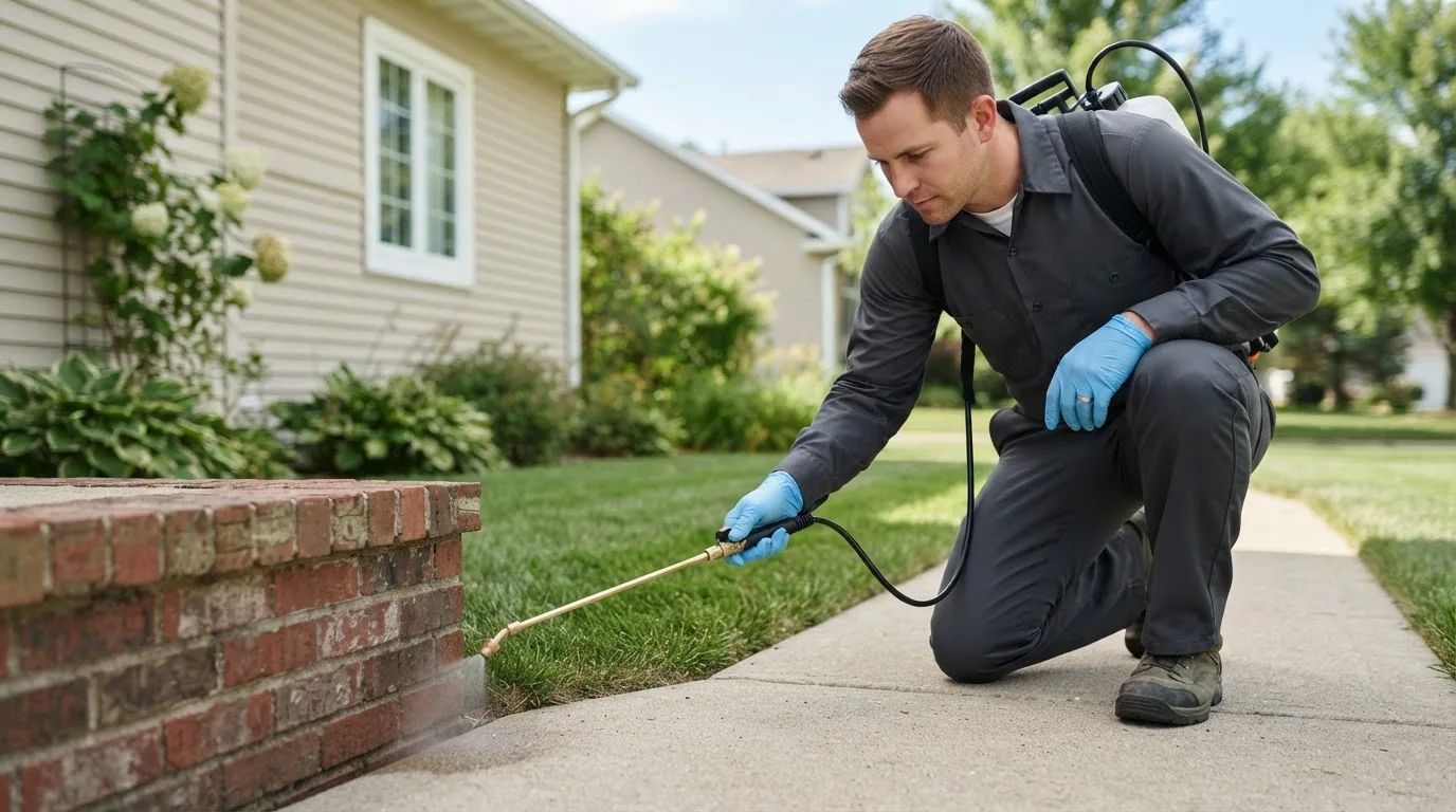 Pest control technician treating a home near Allen, TX